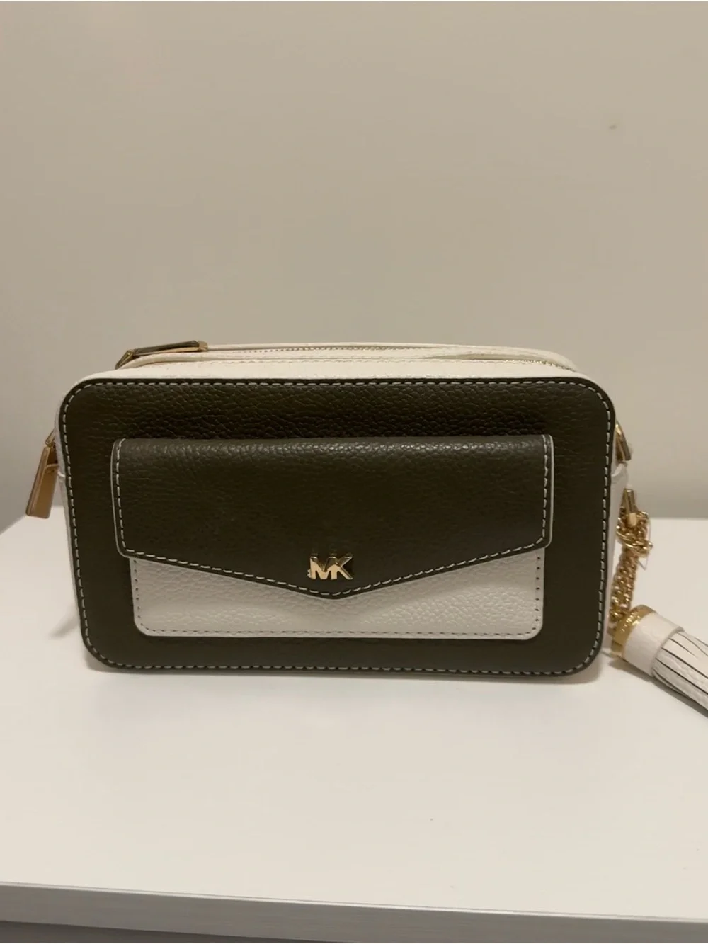 Michael Kors Olive and White Leather Crossbody